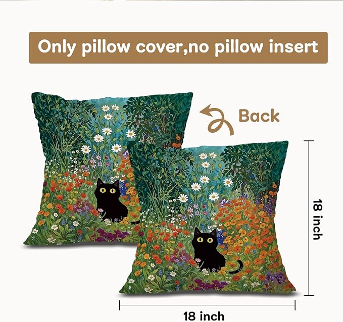 William Morris Flower Black Cat Pillow Covers 18x18, Floral Cats Decorative Pillow Covers for Home Bedroom Living Room Office Decor, Cat Lovers Mom Grandma Gifts for Mother's Day