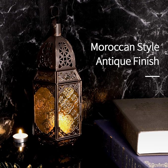 Lewondr Ramadan Lantern Decorations, Glass Moroccan Bookshelf Lantern, Gold | 12 Inch, Portable Candle Holder, Hanging or Tabletop, Metal Hollow-Out Design, Vintage Decorative, for Home Porch Patio Decor