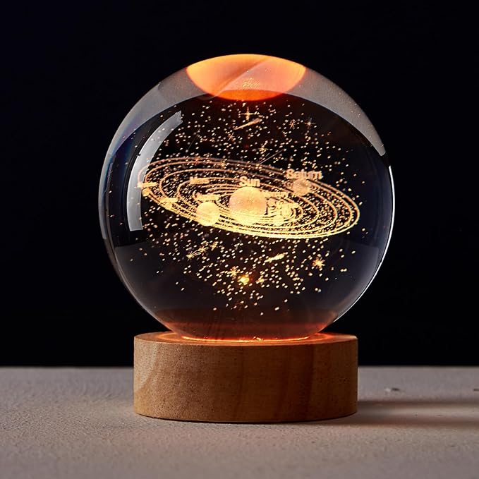 3D Solar System Crystal Ball Lamp, Upgraded 3.15 Inch Galaxy Crystal Ball Night Light with 16 Colors LED Wooden Base, Remote Control, Gift Box Packaging, Home Decor Gift for Friends (solar system)