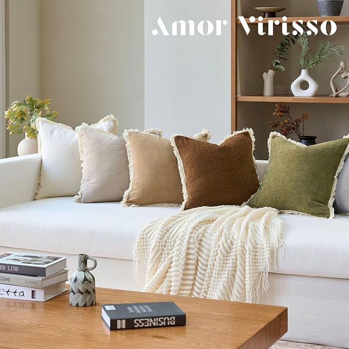 Amor Virisso Fringe Throw Pillow Covers 20x20 Set of 2 Boho Neutral Farmhouse Decorative Pillow Covers with Tassels for Couch Sofa Bed, Cream White