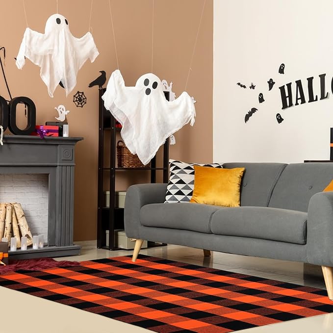 Halloween Buffalo Plaid Rug 3x5 Ft, Orange Black Indoor Outdoor Rug | Cotton Blend, Orange Black Checkered, Machine Washable, Layering Rug, Porch Entryway Decor