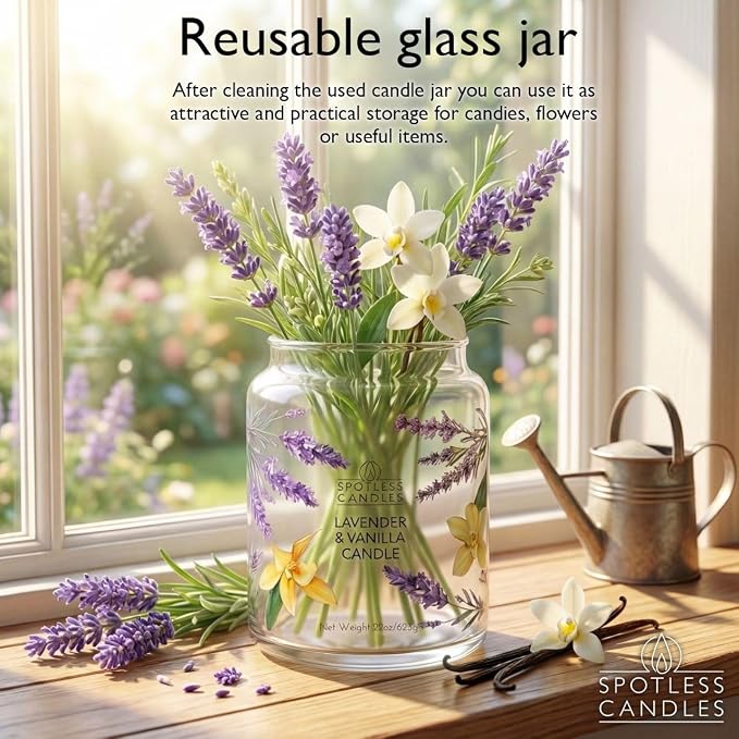 Vanilla & Lavender Candle 22oz Glass Jar with Wooden Wick in a Decorated Jar Within a Presentation Gift Box and Protective Shipping Box