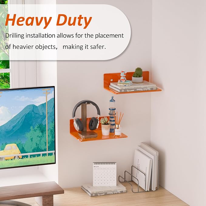 Sezanrpt 9 Inch Orange Wall Shelves, Acrylic Wall Mounting Ledges Display, Acrylic Display Wall Shelf for Funko Pop Figures, Collectibles, Plants, Décor, Toiletries, Spices, 2 Pack