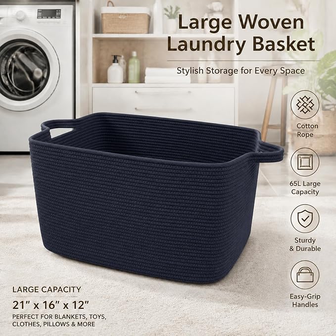 65L Large Laundry Basket with Handles,Woven Blanket Basket,Navy | 21"×16"×12" Collapsible Cotton Rope Storage Basket for Toys Clothes & Pillows, Nursery, Bathroom, Bedroom, Living Room