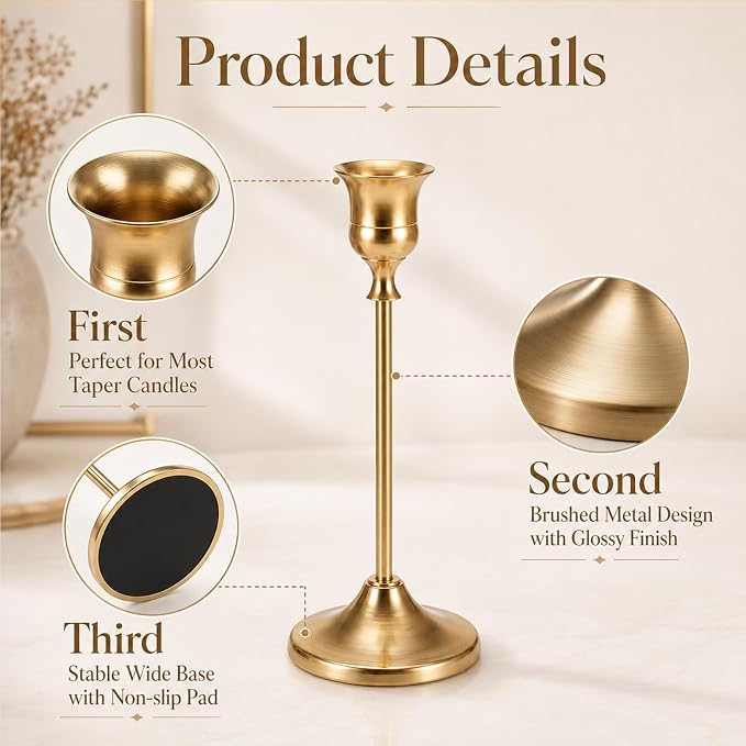 12 Pcs Brass Gold Taper Candle Holders Set, Tall Taper Candlestick Holders Vintage Metal Candle Stick Holder for Wedding Party Table Centerpiece Festive Christmas Mantel Decoration, Gold