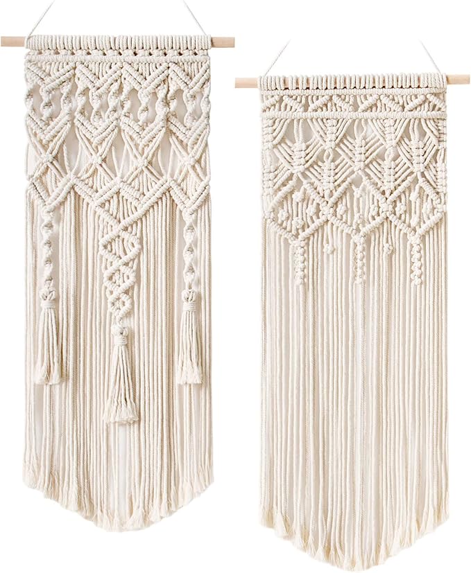 Mkono 2 Pcs Macrame Wall Hanging, Boho Woven Chic Tapestry Decor, Ivory