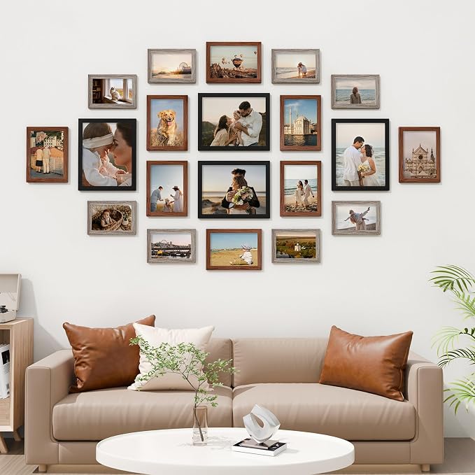 Vittanly 20 Pack Gallery Wall Frame Set, Black, Walnut Brown, Dark Grey | Picture Frames Collage Wall Decor for Wall or Tabletop Display, Picture Frame Set: 4pcs 8x10, 8pcs 5x7, 8pcs 4x6, MDF Wood