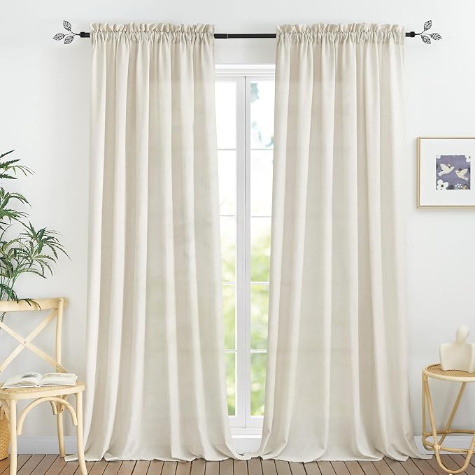 RYB HOME Linen Sheer Curtains 2 Panels for Living Room, Semi Transparent Privacy Drapes with Rod Pocket Farmhouse Style Window Treatments for Bedroom, Linen, 70" W x 84" L