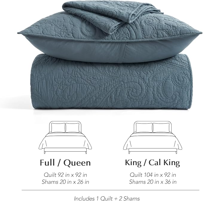 EVERGRACEHOME 100% Cotton Paisley Quilt Set, King Size, Stormy Blue | Prewashed for Softness, Year-Round Breathability, Gift-Ready Box, Matelasse-style Quilted Coverlet, 3 Piece Set with 2 Shams