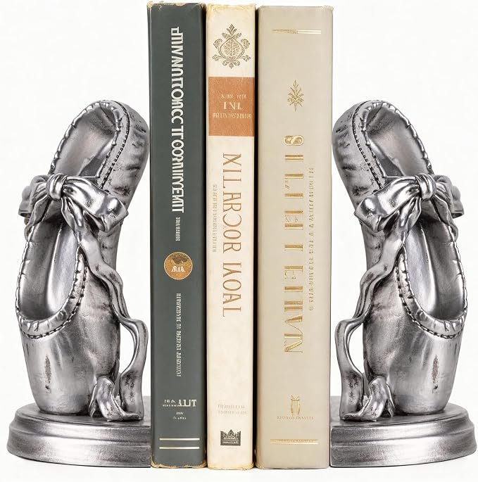 Bookends for Shelves, Ballet Slipper Decorative Bookends - Book Ends with Anti-Slip Pad for Book Lovers Dancers Heavy Book Holder for Home Office Decor (Silver)
