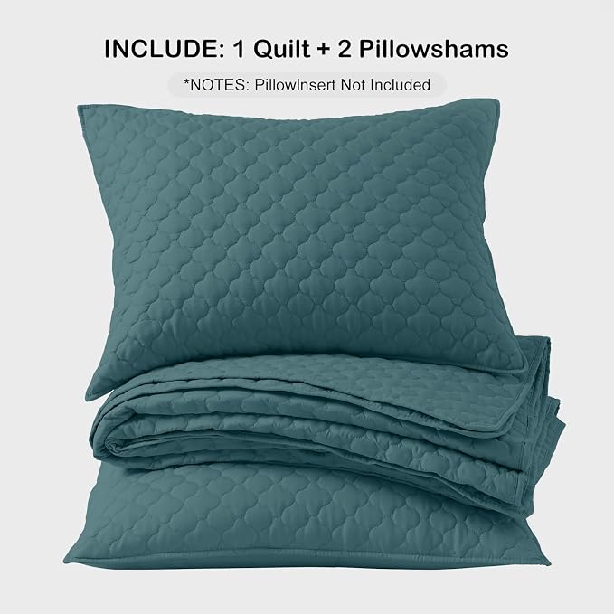 HORIMOTE HOME Quilt King Size Teal Blue, Lightweight Quilt for Summer, Ultra-Soft Microfiber Modern Style Quilted Clouds Pattern Bedspread Quit Set 3 Pieces(1 Quilt and 2 Pillow Shams)