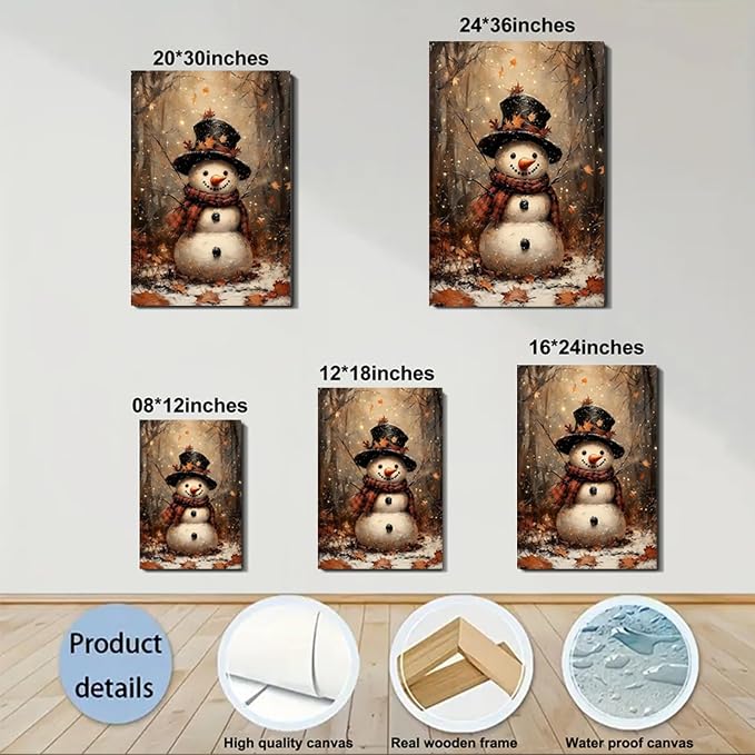 Vintag Snowman in Forest Christmas Canvas Print 12x18, Fall Wall Art, Rustic Winter Holiday Paintings, Christmas Art for Living Room Christmas Poster & Prints for Home Decorations