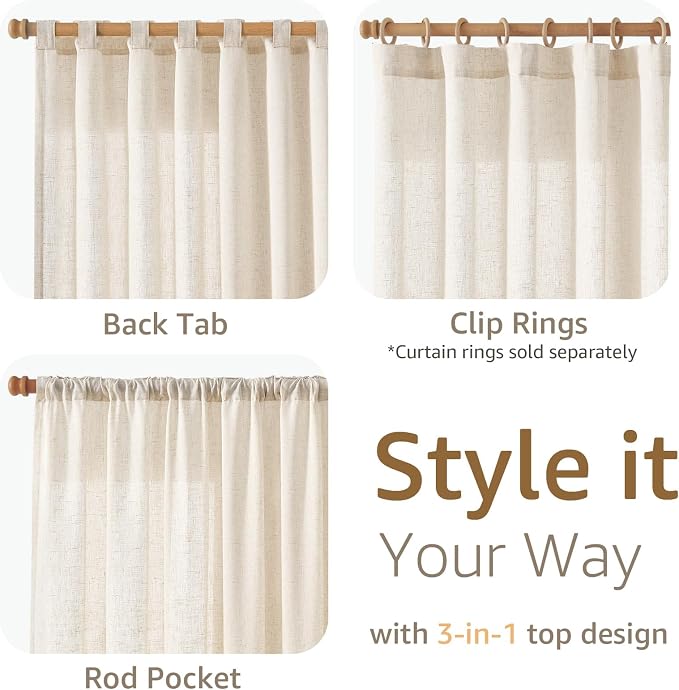 jinchan Linen Curtains Light Filtering Back Tab 50x84 Inch 2 Panels Beige | Semi Sheer Curtains 84 inch length for Bedroom Living Room, Modern Farmhouse Drapes with Rod Pocket, Natural Boho Curtains