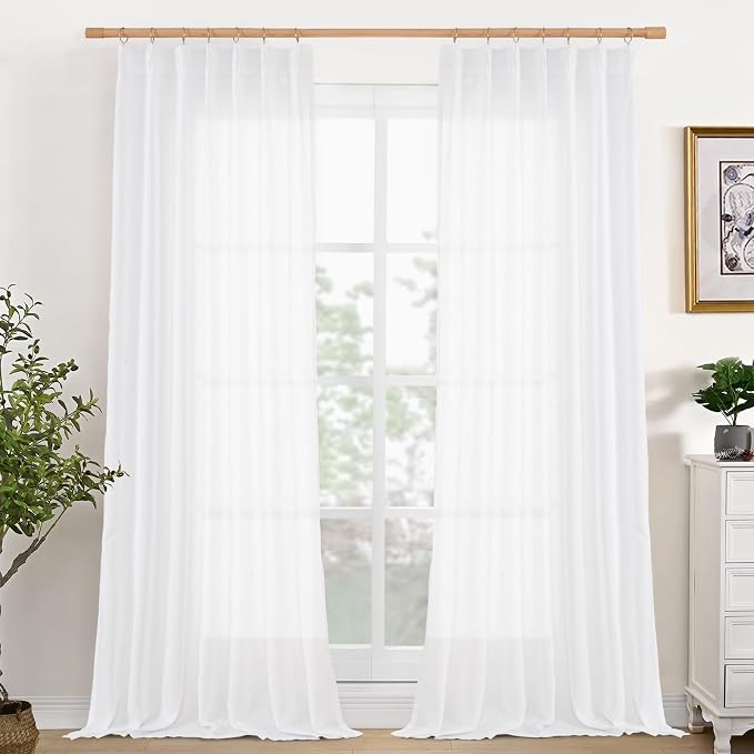 YoungsTex White Linen Curtains 84 Inches Long for Living Room - Light Filtering Drapes with Back Tab Semi Sheer Window Treatments for Bedroom, 2 Panels 40 X 84 Inch