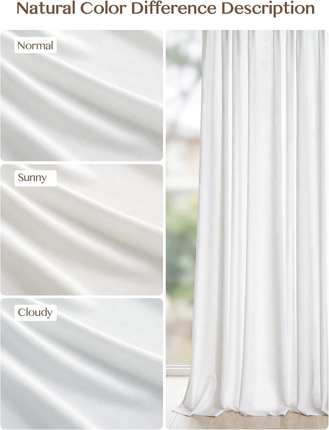 Liz Pinch Pleated Linen Curtains 92 Inches Long, Light Filtering Curtains for Living Room, Farmhouse Window Curtains for Bedroom, Modern Drapes with Hooks and Rings, White, 2 Panels Set