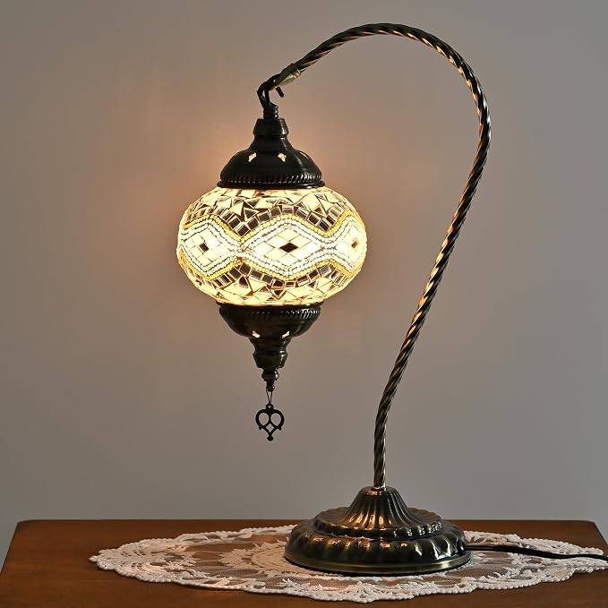 GOGERS Swan Neck Turkish Moroccan Lamp Handmade Stained Mosaic Glass Vintage Lamp Shade Bohemian Tiffany Style Bedside Night Lamp Lighting for Bedroom Living Room (White Golden)