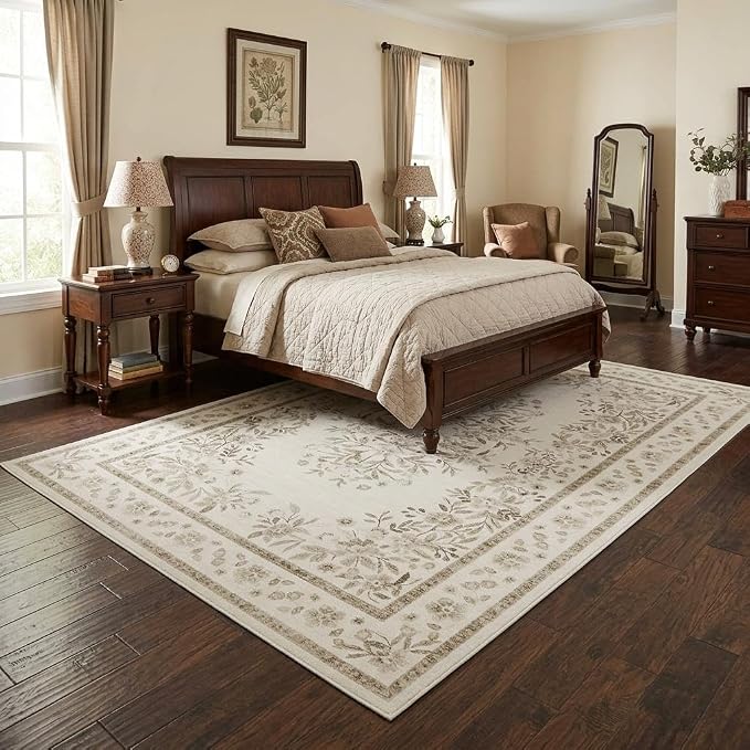 GarveeHome 5x7 Floral Rug for Dining Leaf Flower Botanical Bordered Carpets | Vintage Distressed Beige Floral Bedroom Rug Low Pile Machine Washable Non-Slip Area Rug for Guest Room Living Room