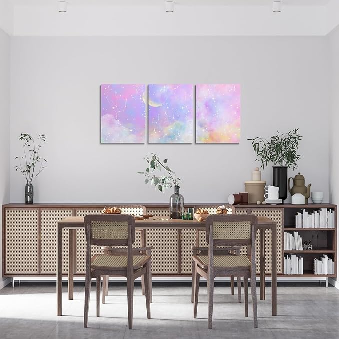 Feelyou Purple Pink Galaxy 3 Piece Canvas Wall Art for Living Room Bedroom Moon Star Wall Art for Home Decor Solar System Office Wall Decor Cloud Galaxy Wall Painting