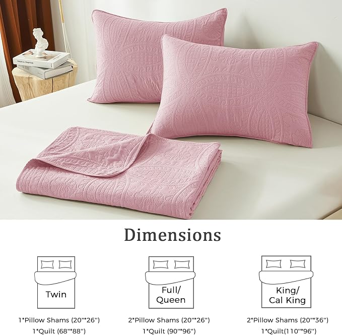 akkialla Full/Queen Quilt Set,Pink Lightweight Bedspread with Coin Pattern, Soft Microfiber Coverlet for All Seasons, Contemporary Decorative Bedding (1 Quilt, 2 Pillow Shams)
