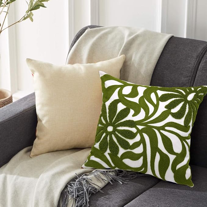 Alysheer Floral Embroidered Throw Pillow Cover 18"x18" 1pc, Olive Green