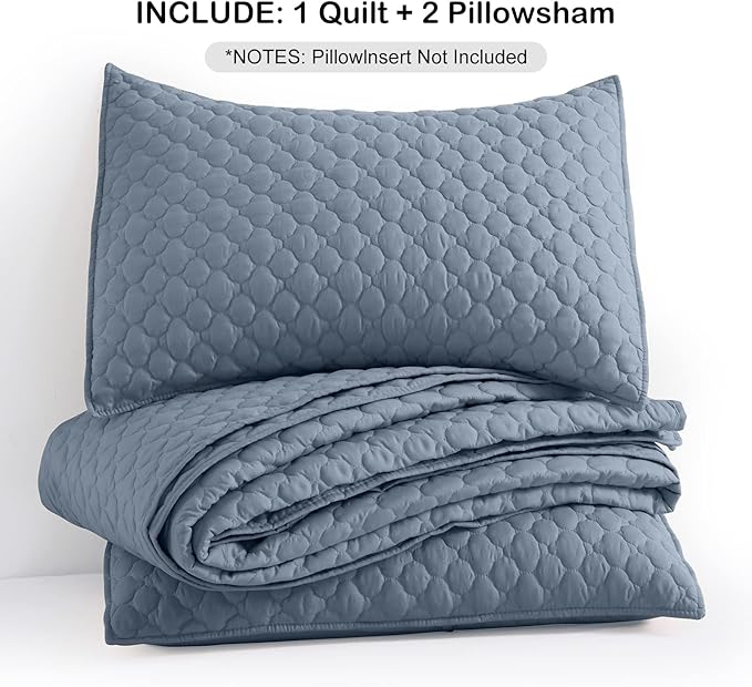 HORIMOTE HOME Quilt King Size Dusty Blue, Lightweight Quilt for Summer Ultra-Soft Microfiber Modern Style Quilted Clouds Pattern Bedspread Quit Set 3 Pieces(1 Quilt and 2 Pillow Shams)