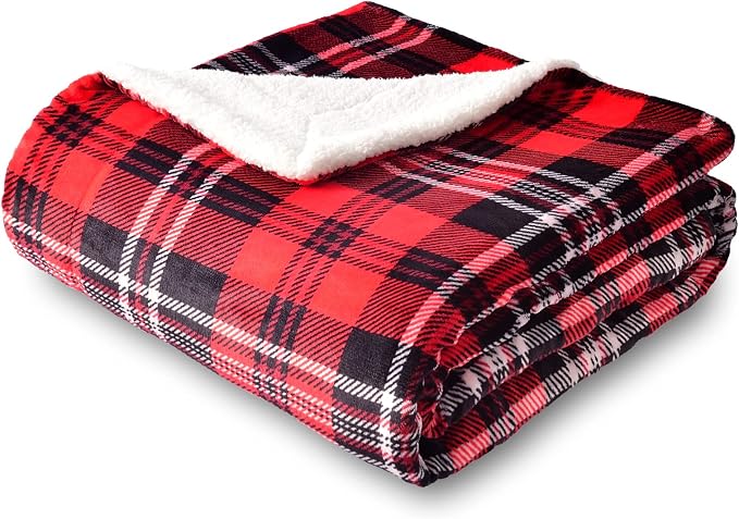 SOCHOW Sherpa Plaid Fleece Throw Blanket, 90 x 90 inches, Red/Grey | Double-Sided Super Soft Luxurious Bedding Blanket