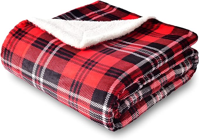 SOCHOW Sherpa Plaid Fleece Throw Blanket, 50 x 60 inches, Red/Grey | Double-Sided Super Soft Luxurious Bedding Blanket