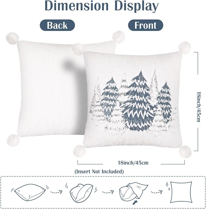 Lewondr Christmas Throw Pillow Cover, 18x18 Inch, Set of 2, Cedarwood | Double-Sided, Luxury Soft Faux Fur, Decorative with Plush Ball, Cute Embroidered, For Bed Home Decor Living Room