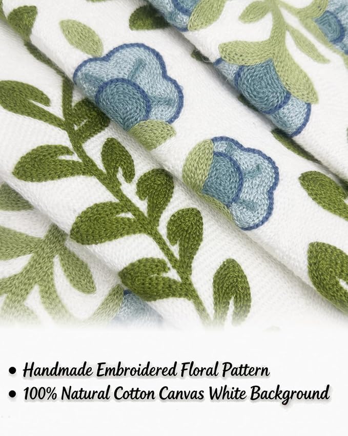 Alysheer Floral Embroidered Summer Decorative Throw Pillow Covers 18"x 18" Set of 2, Farmhouse Blue Flowers Green Vines Patterned Cotton Cushion Cases for Couch Bed Living Room Cottage Decor
