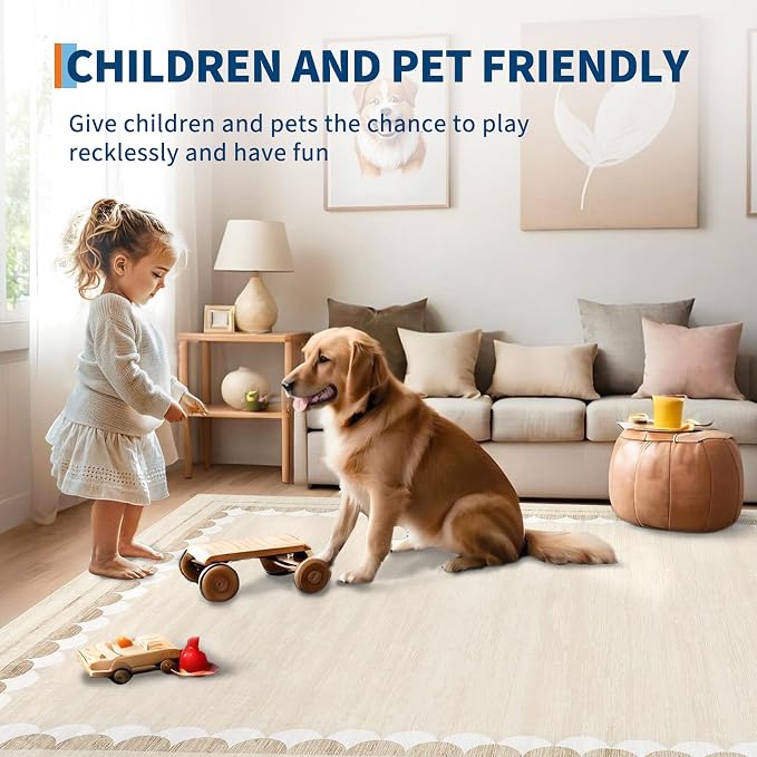 COZYLOOM 10x13 Dining Room Rugs for Under Table, Machine Washable Area Rugs for Bedroom, Non Slip Non Shedding Modern Border Rug, Stain Resistant Low Pile Carpet for Living Room, Nursery, Beige