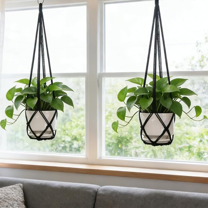 YIBOT Macrame Plant Hanger Indoor 35 Inch Hanging Planter Basket Black 2Pc