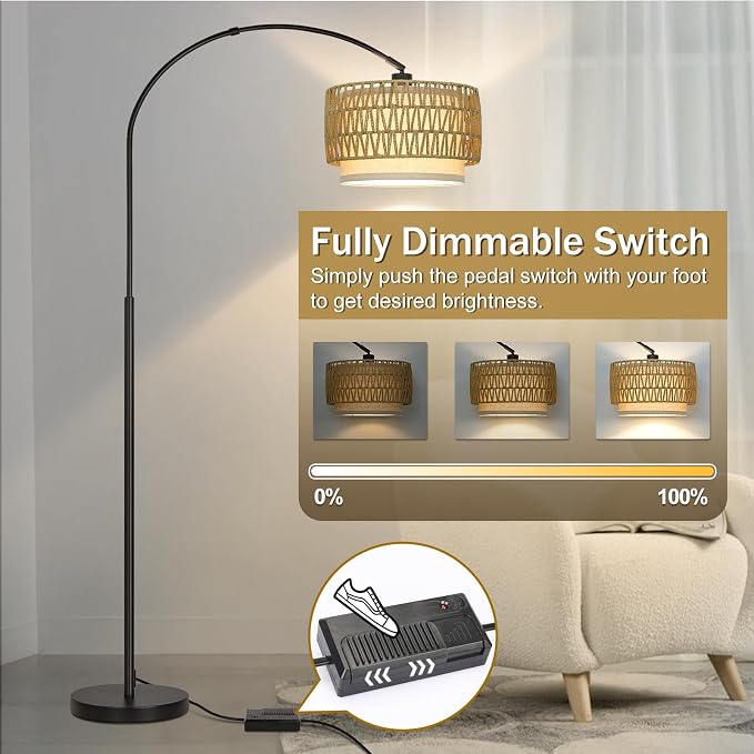 Rattan Floor Lamp, Dimmable Arc Floor Lamps with Adjustable Head