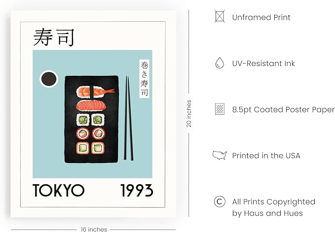 HAUS AND HUES Modern Kitchen Food Print - Japanese Sushi Poster, Asian Decor Wall Art, Sushi Decoration (Unframed 16x20)