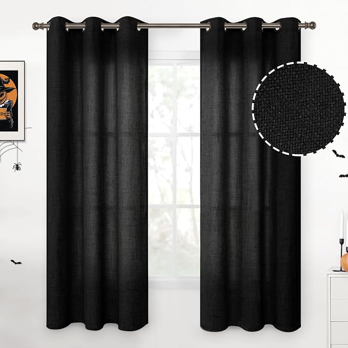 YoungsTex Black Linen Semi Sheer Curtains 42 x 63 Inch Length 2 Panels | Light Filtering Drapes with Bronze Grommet Privacy for Bedroom Living Room Decorative