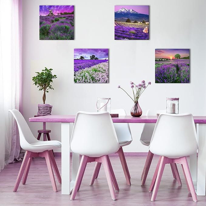 Lavender Flowers Wall Art Decor Canvas Prints Purple Floral Pictures Painting Artwork Framed 16x16 Inch 4 Panels Modern Landscape Still Life Photos Home Decoration Ready to Hang Bedroom Bathroom