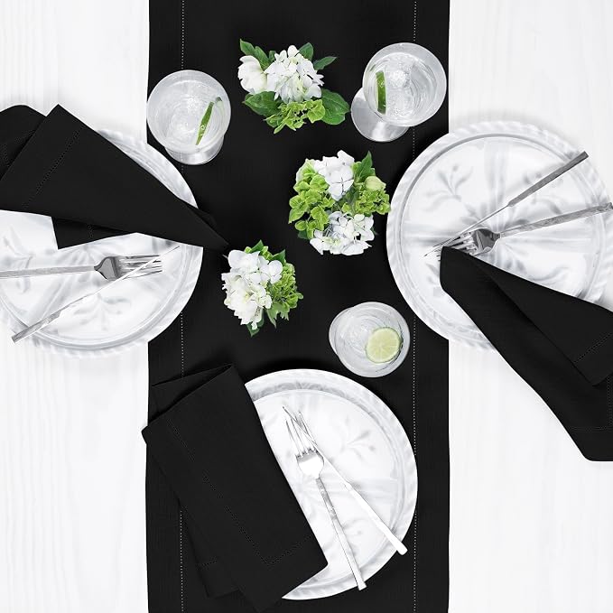 Solino Home 100% Linen Table Runner Black, Classic Hemstitch 14 x 132 in | Table Runners for extended rectangular dining tables, full-length finish | soft plain weave | Pure Linen | OEKO-TEX Certified