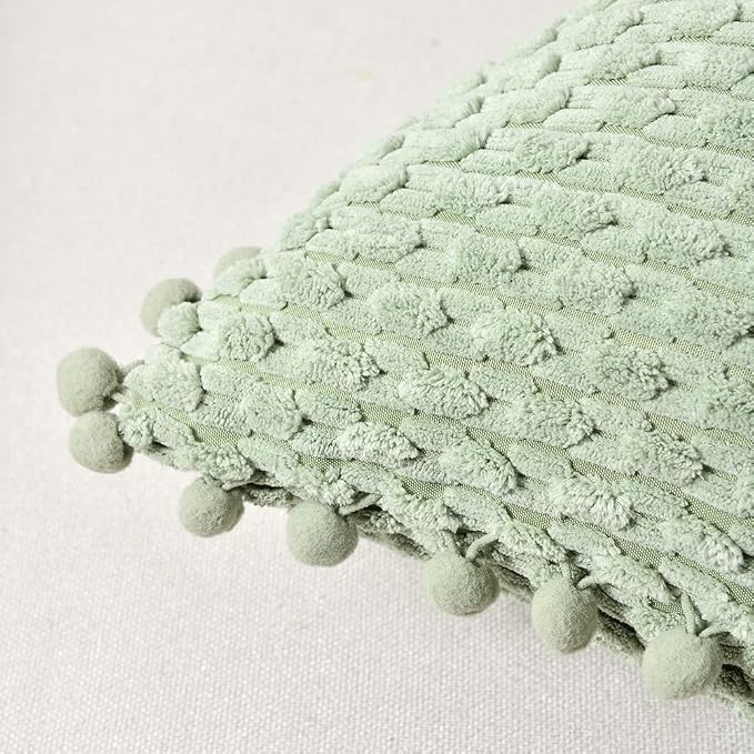 Fancy Homi Set of 2 Sage Green Decorative Throw Pillow Covers 18x18 Inch with Pom-poms for Couch Bed Sofa, Modern Farmhouse Boho Home Decor, Soft Plush Corduroy Cute Cushion Case 45x45 cm