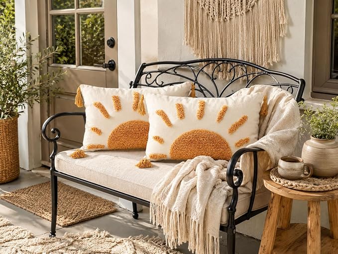 Zealax Decorative Boho Throw Pillow Cover 18x18 Inch for Couch Living Room Outdoor, Sun Tufted Pillow Covers with Tassels Cushion Case, Rustic Modern Farmhouse Home Decor (No Pillow Insert, 1Pc)
