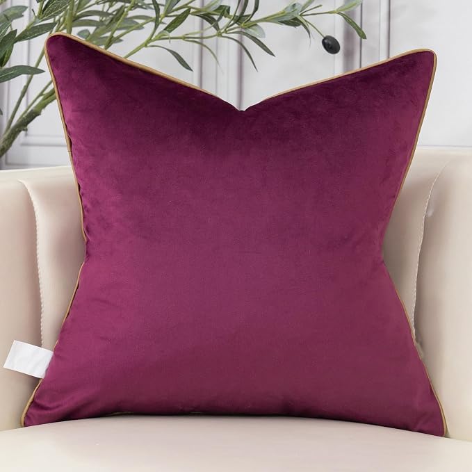Aeckself Floral Pillow Cover 18x18 Inch, Luxury Velvet Embroidered Decorative Accent Throw Pillow Cover for Couch Bedroom Living Room, Burgundy Red and Gold