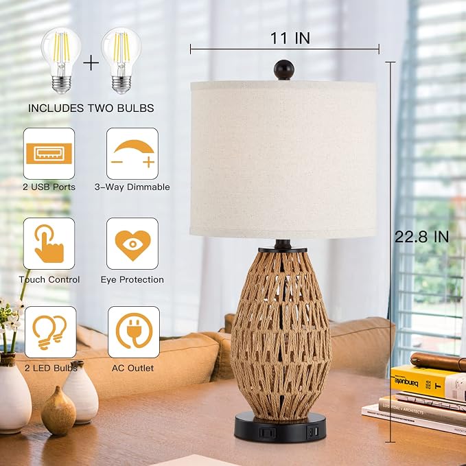 CINSARY Touch Control Rattan Table Lamps, 3 Way Dimmable Bedside Lamps for Bedroom Set of 2 with 2 USB Ports and AC Outlet, Wicker Nightstand Lamps for Living Room (LED Bulbs Included), Rattan