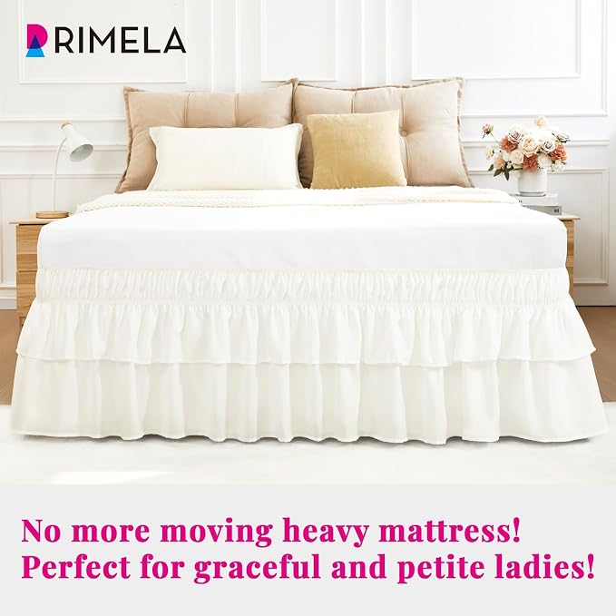 RIMELA Queen Size Ruffle Bed Skirt 18 Inch Drop - Cream White Double Layered Wrap Around Dust Ruffle, Romantic Cute Design Bedskirt with High-Density Fabric, Soft Stretchy, Easy Install for Queen Bed