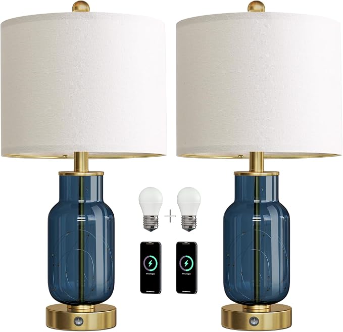 Oneach 22" Glass Table Lamps Set of 2 with LED Nightlight for Bedroom, Blue