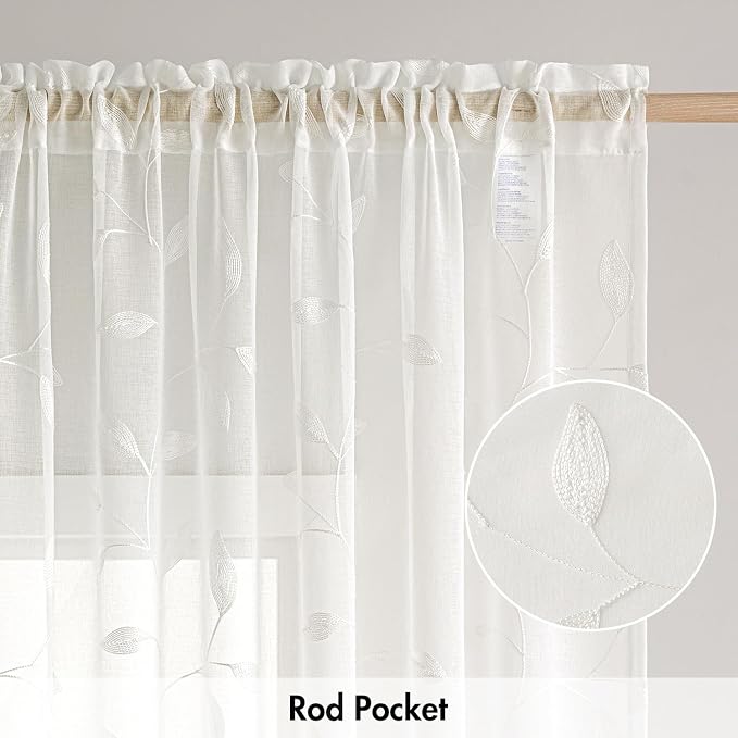 MIULEE Ivory Sheer Curtains 2 Panels Embroidered Leaf Patterned, W52 x L84 | Embroidered Floral Semi Sheer,Rod Pocket,Faux Linen,Short Window Curtains Drapes Set for Kitchen/Bathroom/Cafe