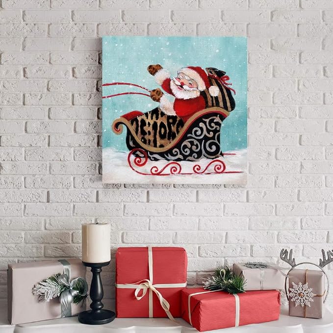 Renditions Gallery Xmas Canvas Wall Art Prints for Home Decor Santa riding Sliegh in Winter Snow Abstract Artowrk for Bedroom Dining Office Kitchen Decorations - 10"X10" LT05