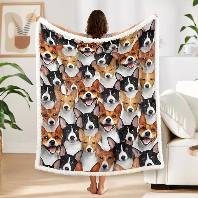 BlessLiving Fuzzy Dogs Blanket for Kids Adults Cute Puppy Fleece Blanket Reversible Animal Pattern Sherpa Throw (Basenji,Twin, 60 x 80 Inches)