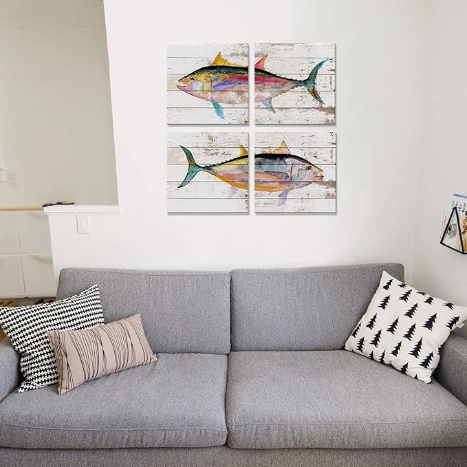 Sea Fish Wall Art Ocean Theme Canvas Prints Home Decorations Watercolor Marine Life Colorful Tuna Wall Decor Painting Picture Bathroom Modern Bedroom Living Room Artwork Posters 20x20 Inch 4 Pieces