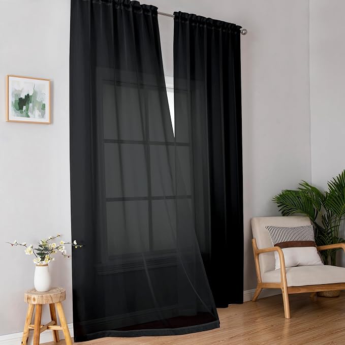 Simplebrand Black Sheer Curtains 84 Inches Long, Light Filtering Rod Pocket Solid Color Window Sheer Curtain Panels, Elegant Curtains & Drapes for Living Room, Bedroom 2 Panels (Black, 42" W x 84" L)