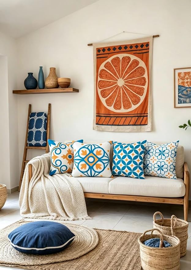 Set of 4 Boho Throw Pillow Covers 18x18 Inch, Blue Orange Pattern Decorative Pillow Case Soft Square Velvet Cushion Covers for Couch, Sofa, Living Room, Bedroom, Patio, Porch, Outdoor Home Décor