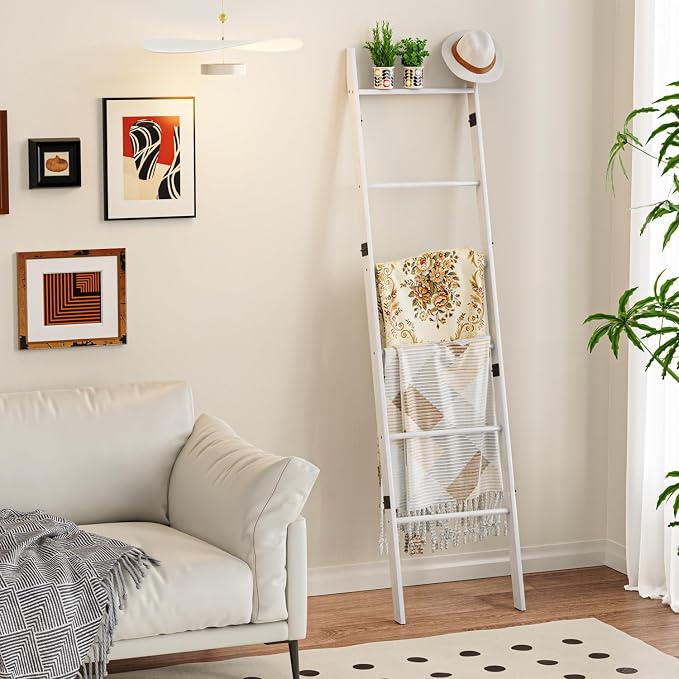 BAMBANG 6-Tier Blanket Ladder for Living Room, Blanket Quilt Ladder Rack Rustic Decorative Towel Holder, Wall Leaning Blanket Ladder Shelf Storage Farmhouse Decor for Bedroom Bathroom, White