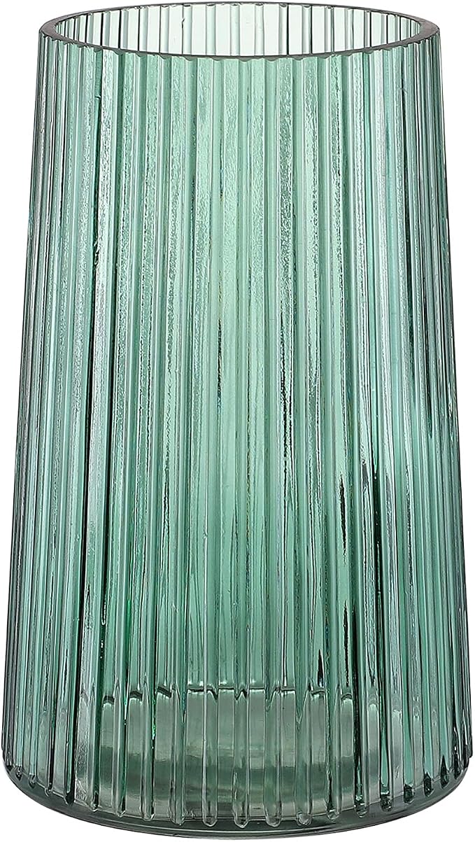 Green Glass Vase for Flower, Flower Vase for Bouquet, Modern Glass Vases, Ribbed Vases for Living Room, Bedroom, Dining Table, Office, Wedding, Centerpieces, 8 Inches